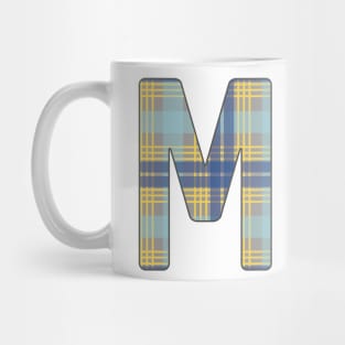 Monogram Letter M, Blue, Yellow and Grey Scottish Tartan Style Typography Design Mug